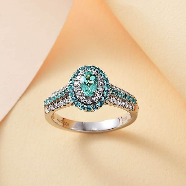 Rhapsody AAAA Paraiba Tourmaline And E-F VS Diamond 1.34 Ctw Ring In 950 Platinum 7.90 Grams
