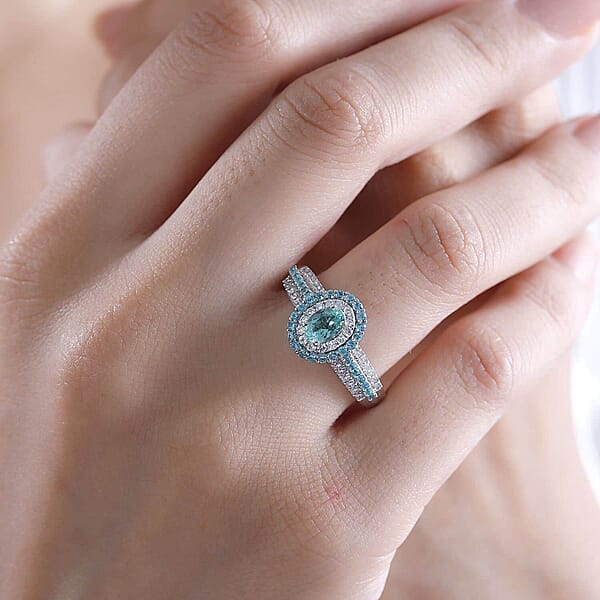Rhapsody AAAA Paraiba Tourmaline And E-F VS Diamond 1.34 Ctw Ring In 950 Platinum 7.90 Grams