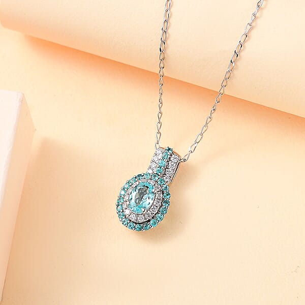 Rhapsody AAAA Paraiba Tourmaline And E-F VS Diamond 1.07 Ctw Double Halo Pendant Necklace In 950 Platinum 4.01 Grams 18 Inches