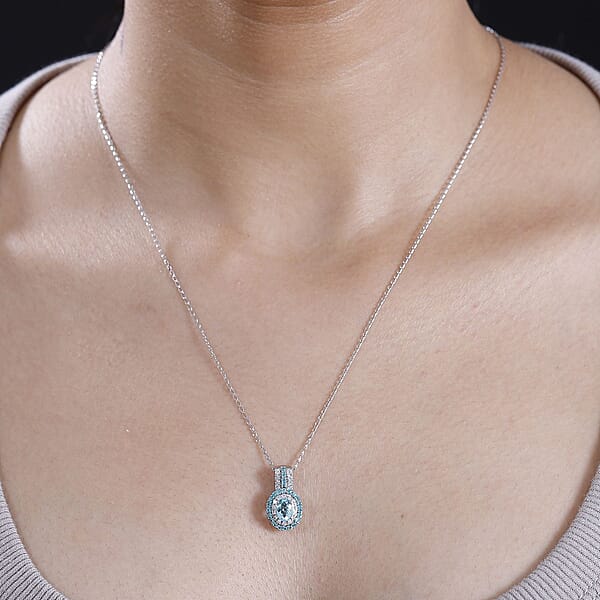 Rhapsody AAAA Paraiba Tourmaline And E-F VS Diamond 1.07 Ctw Double Halo Pendant Necklace In 950 Platinum 4.01 Grams 18 Inches
