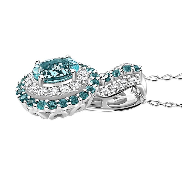 Rhapsody AAAA Paraiba Tourmaline And E-F VS Diamond 1.07 Ctw Double Halo Pendant Necklace In 950 Platinum 4.01 Grams 18 Inches