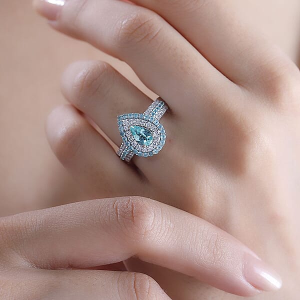Rhapsody AAAA Paraiba Tourmaline And E-F VS Diamond 2.07 Ctw Ring In 950 Platinum 7.90 Grams