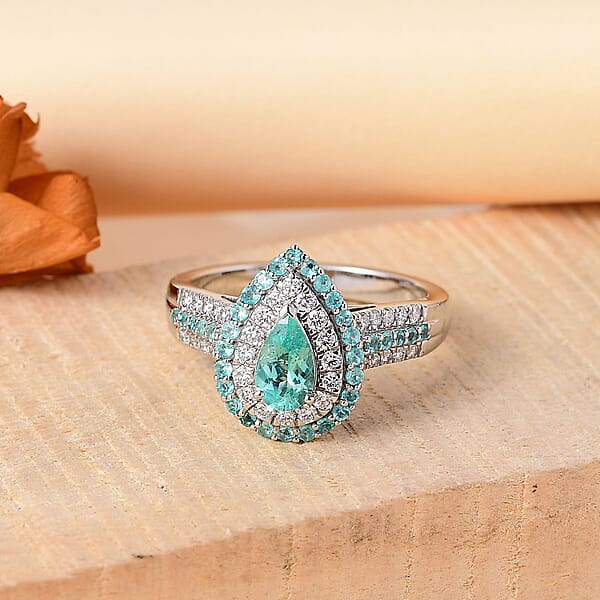 Rhapsody AAAA Paraiba Tourmaline And E-F VS Diamond 2.07 Ctw Ring In 950 Platinum 7.90 Grams With Free Paraiba Book
