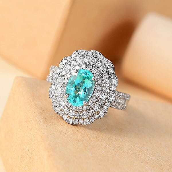 Rhapsody AAAA Paraiba Tourmaline Diamond (E-F VS) Ring In 950 Platinum 3.01 Ctw With Free Paraiba Book