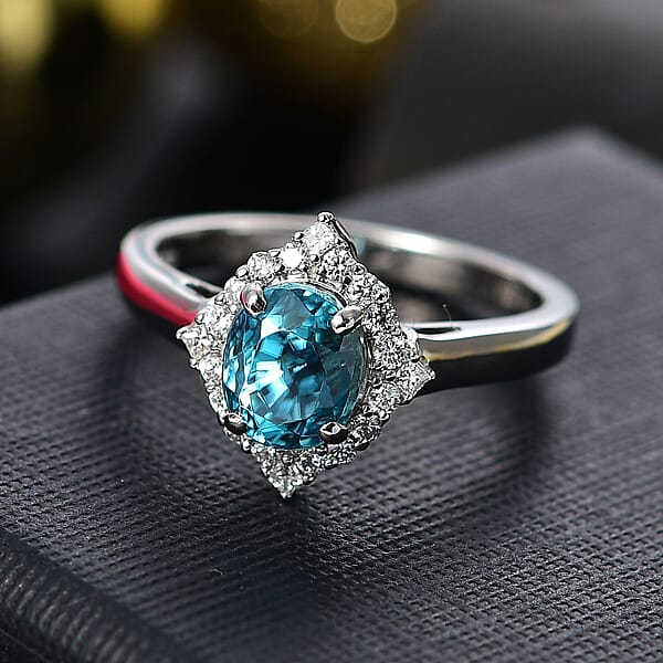 Rhapsody AAAA Ratanakiri Blue Zircon And E-F VS Diamond 3.40 Ctw Ring In 950 Platinum 5.40 Grams