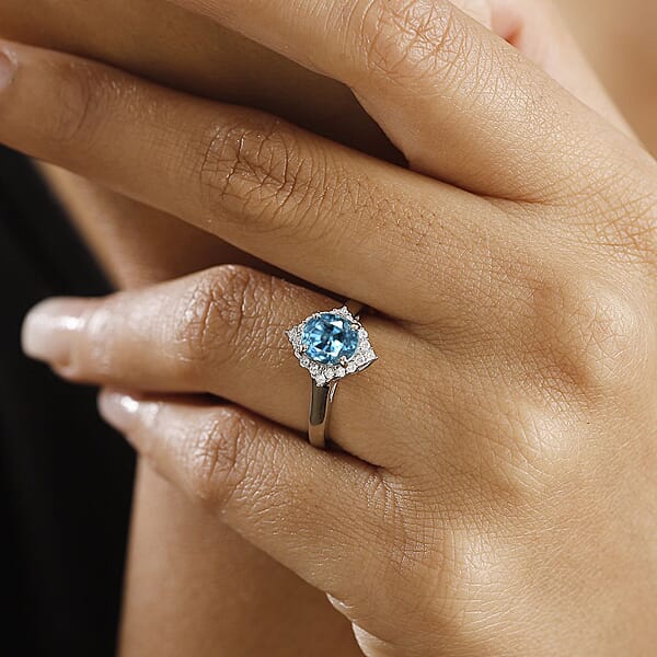 Rhapsody AAAA Ratanakiri Blue Zircon And E-F VS Diamond 3.40 Ctw Ring In 950 Platinum 5.40 Grams