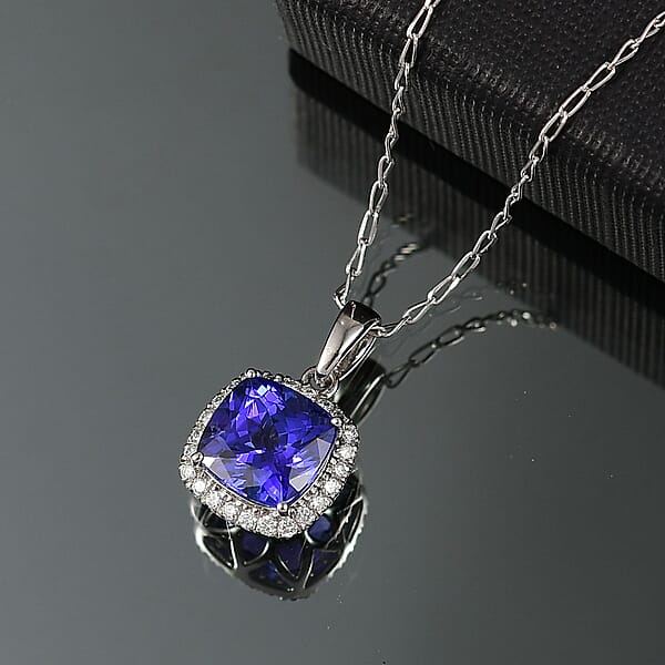 Rhapsody AAAA Tanzanite And E-F VS Diamond 2.29 Ctw Halo Pendant Necklace In 950 Platinum 20 Inches