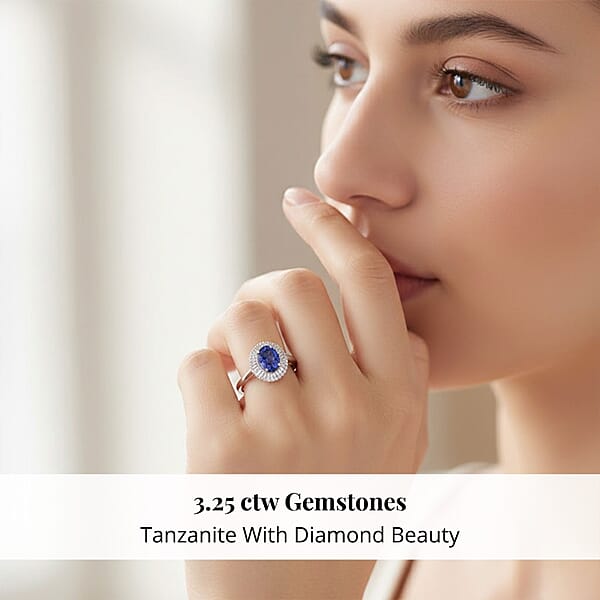 Rhapsody AAAA Tanzanite And E-F VS Diamond 3.25 Ctw Double Halo Ring In 950 Platinum 6.40 Grams