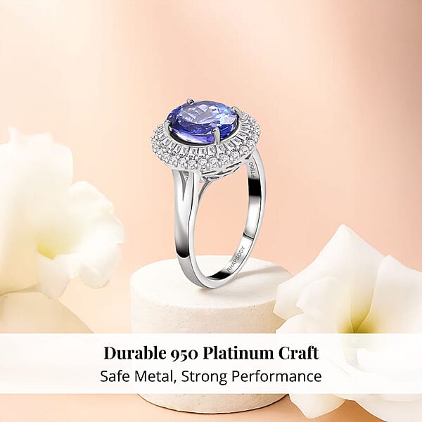 Rhapsody AAAA Tanzanite And E-F VS Diamond 3.25 Ctw Double Halo Ring In 950 Platinum 6.40 Grams