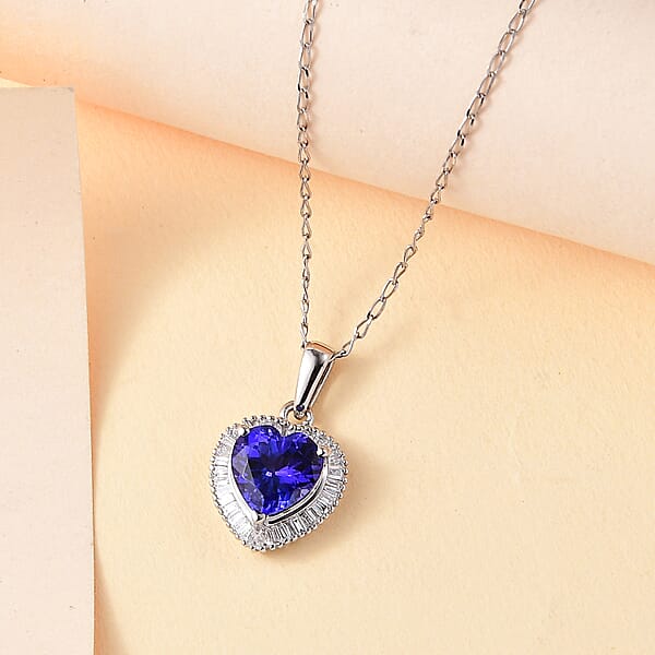Rhapsody AAAA Tanzanite And E-F VS2 Diamond 2.30 Ctw Heart Shape Ballerina Pendant Necklace In 950 Platinum 4.70 Grams 20 Inches (Del. In 10-12 Days)