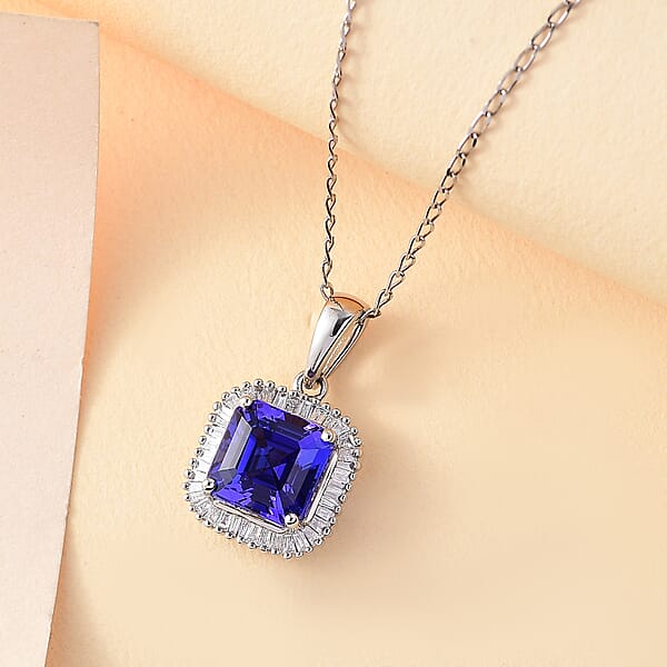 Rhapsody AAAA Tanzanite And E-F VS2 Diamond 2.84 Ctw Octagon Shape Ballerina Pendant Necklace In 950 Platinum 5.25 Grams 20 Inches