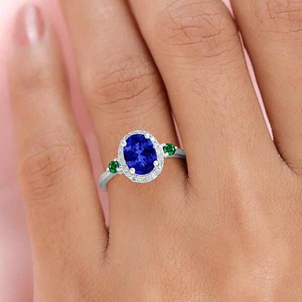 Rhapsody AAAA Tanzanite Boyaca Colombian Emerald And E-F VS2 Diamond 1.70 Ctw Ring In 950 Platinum 5.30 Grams (Del. In 10-12 Days)