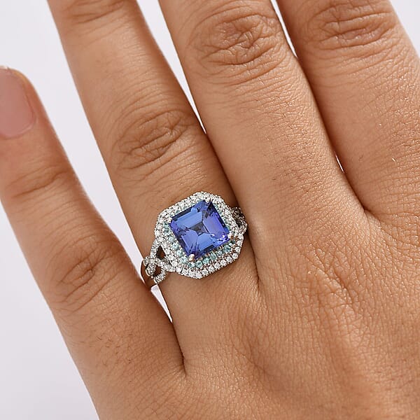 Rhapsody AAAA Tanzanite Paraiba Tourmaline And E-F VS Diamond 3.30 Ctw Midnight Deco Ring In 950 Platinum