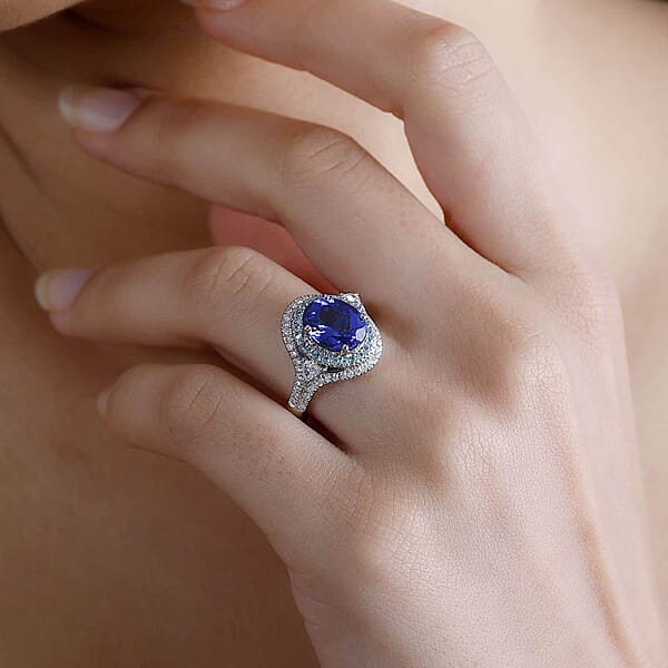 Rhapsody AAAA Tanzanite Paraiba Tourmaline And E-F VS2 Diamond 3.70 Ctw Ring In 950 Platinum 8.60 Grams