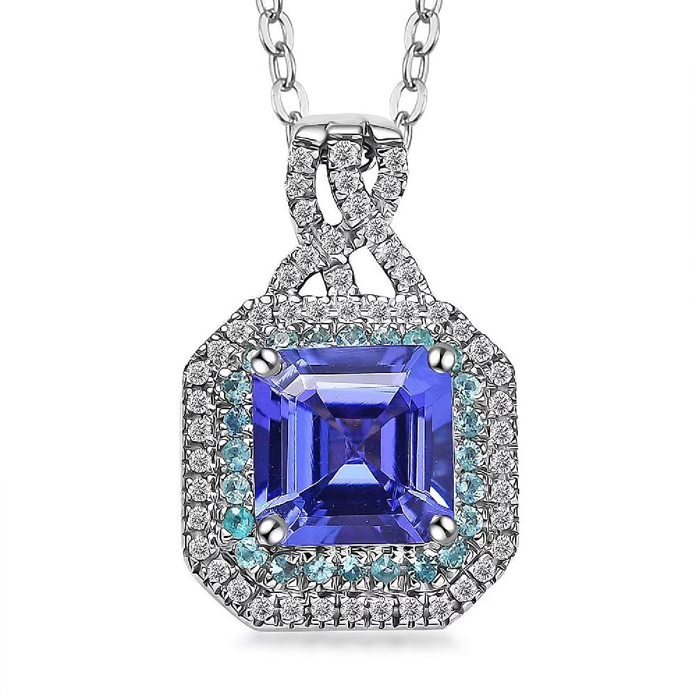 Rhapsody AAAA Tanzanite Paraiba Tourmaline and E-F VS Diamond 3.20 ctw Midnight Deco Pendant Necklace in 950 Platinum 20 Inches
