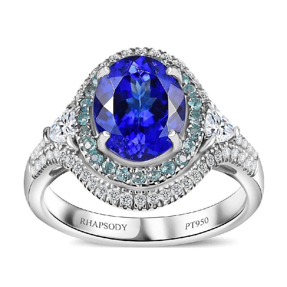 Rhapsody AAAA Tanzanite Paraiba Tourmaline and E-F VS2 Diamond 3.70 ctw Ring in 950 Platinum 8.60 Grams