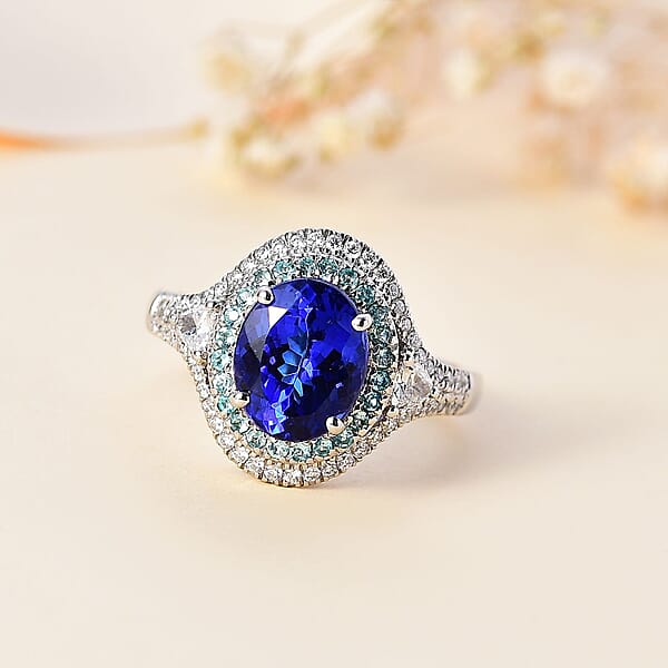 Rhapsody AAAA Tanzanite Paraiba Tourmaline And E-F VS2 Diamond 3.70 Ctw Ring In 950 Platinum 8.60 Grams