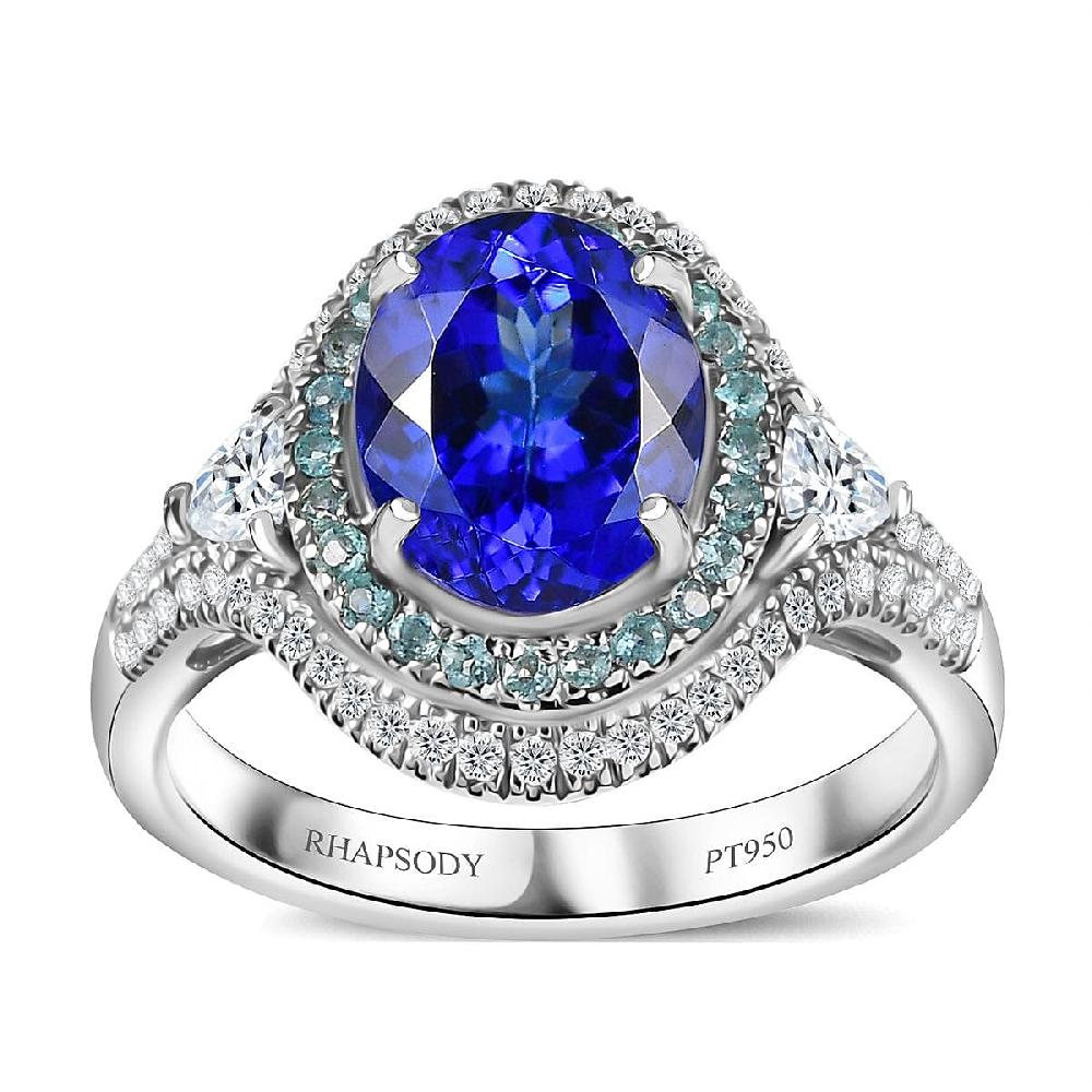 Rhapsody AAAA Tanzanite Paraiba Tourmaline and E-F VS2 Diamond 3.70 ctw Ring in 950 Platinum 8.60 Grams