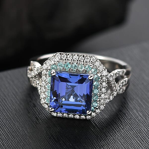Rhapsody AAAA Tanzanite Paraiba Tourmaline And E-F VS Diamond 3.30 Ctw Midnight Deco Ring In 950 Platinum