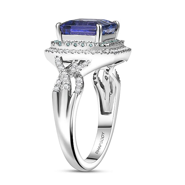 Rhapsody AAAA Tanzanite Paraiba Tourmaline And E-F VS Diamond 3.30 Ctw Midnight Deco Ring In 950 Platinum