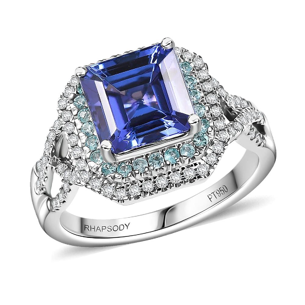 Rhapsody AAAA Tanzanite Paraiba Tourmaline and E-F VS Diamond 3.30 ctw Midnight Deco Ring in 950 Platinum