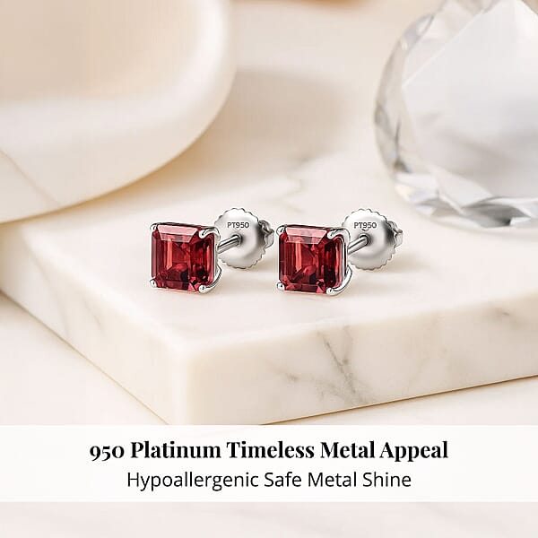 Rhapsody Asscher Cut AAAA Ouro Fino Rubellite 2.40 Ctw Solitaire Stud Earrings In 950 Platinum