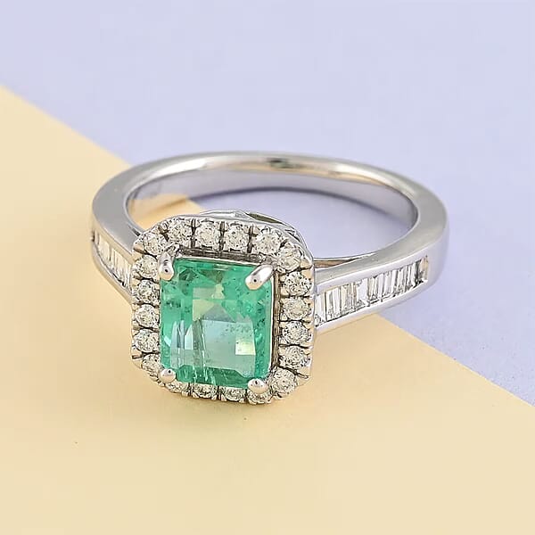 Rhapsody Boyaca Colombian Emerald And E-F VS Diamond 2.20 Ctw Halo Ring In 950 Platinum 7.50 Grams