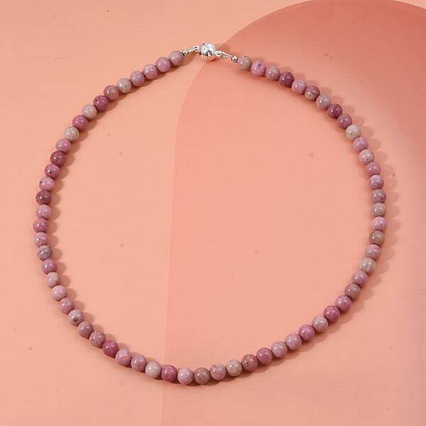 Rhodonite Beaded Necklace With Magnetic Lock In Sterling Silver 150.00 Ctw (18 Inches)
