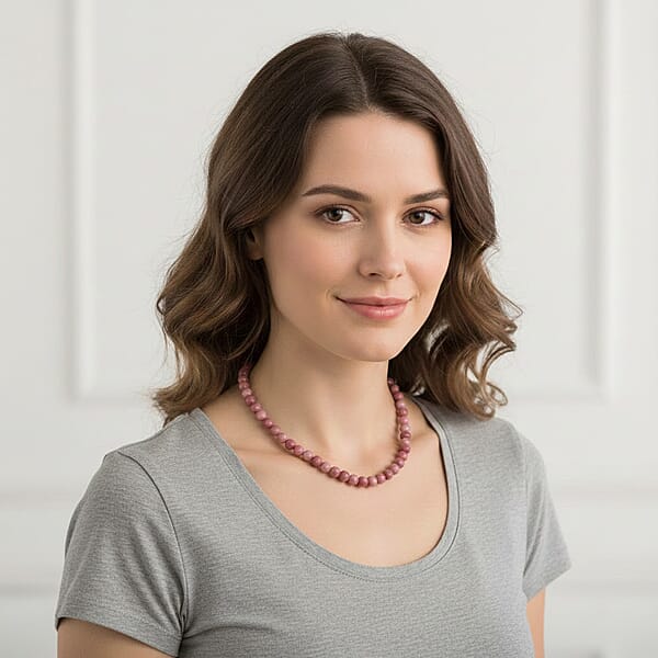 Rhodonite Beaded Necklace With Magnetic Lock In Sterling Silver 150.00 Ctw (18 Inches)