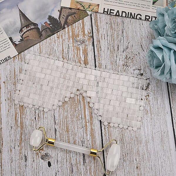 Rock Crystal Quartz Eye Mask (8.28x3.54) With Face Roller (5.82x1.57x2.36)