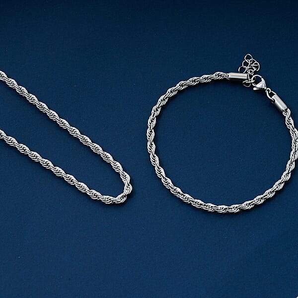 Rope Chain Bracelet (8.50In) And Necklace (24 Inches) In Stainless Steel