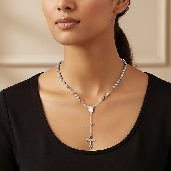 Rosary Chain Necklace In Silvertone 28 Inches