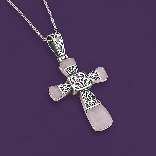 Rose Quartz 6.00 Ctw Inlay Cross Pendant Necklace In Stainless Steel 24 Inches