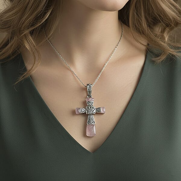 Rose Quartz 6.00 Ctw Inlay Cross Pendant Necklace In Stainless Steel 24 Inches