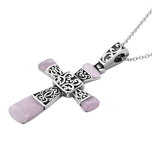 Rose Quartz 6.00 Ctw Inlay Cross Pendant Necklace In Stainless Steel 24 Inches