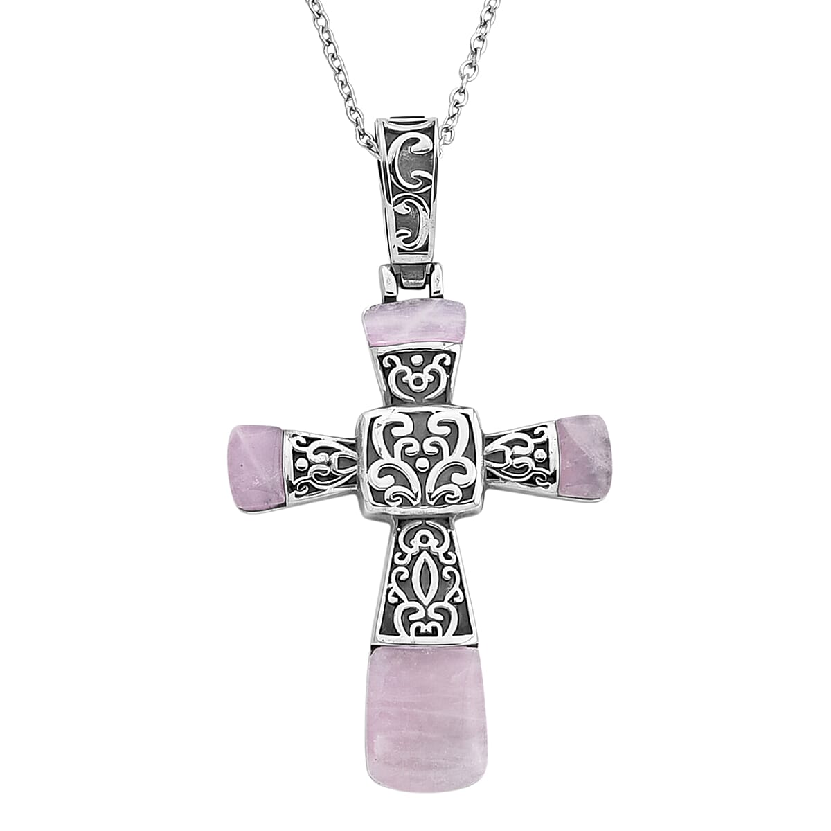Rose Quartz 6.00 ctw Inlay Cross Pendant Necklace in Stainless Steel 24 Inches