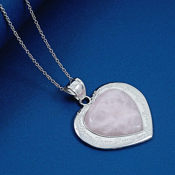 Rose Quartz Heart Pendant In Silvertone With Stainless Steel Necklace 28.00 Ctw (20 Inches)