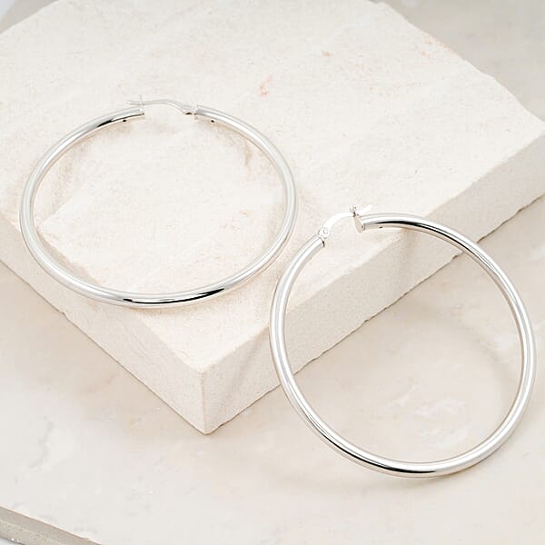 Round Tube Hoop Earrings In Rhodium Over Sterling Silver 8.8 Grams