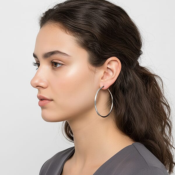 Round Tube Hoop Earrings In Rhodium Over Sterling Silver 8.8 Grams