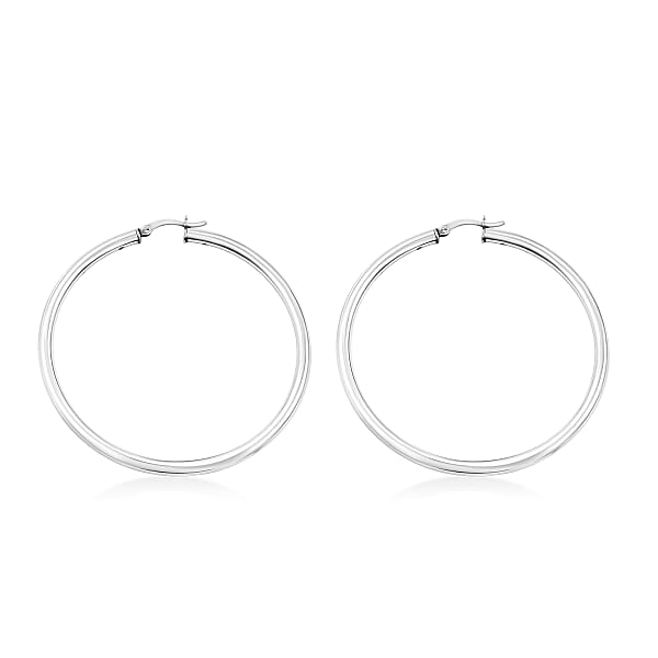 Round Tube Hoop Earrings In Rhodium Over Sterling Silver 8.8 Grams