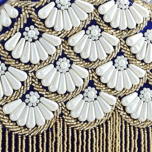 Royal Blue Hand Embroidery Pearl Studded Velvet Clutch With Tassels Ring Handle And Sling Chain