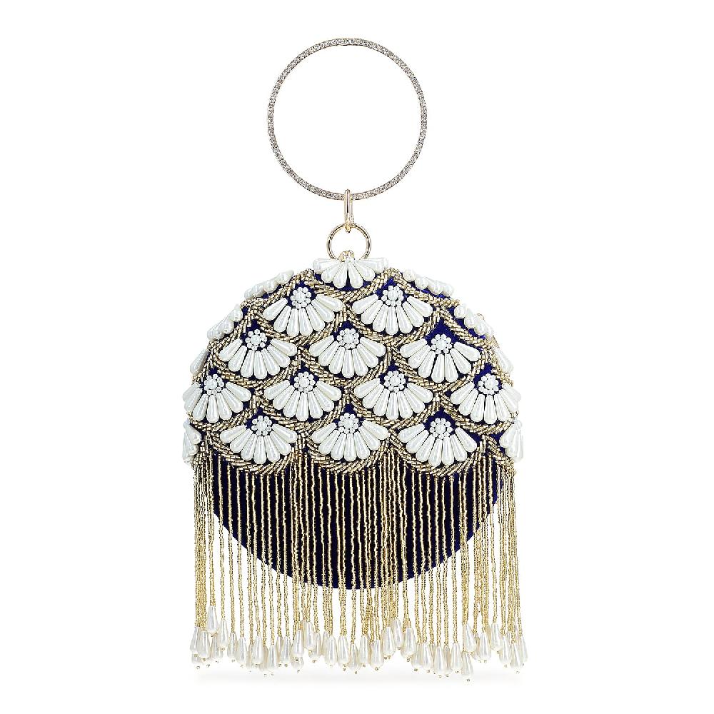 Royal Blue Hand Embroidery Pearl Studded Velvet Clutch with Tassels Ring Handle and Sling Chain