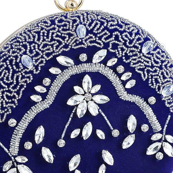 Royal Blue Hand Embroidery Round Shaped Beads Studded Velvet Clutch With Ring Handle And Sling Chain