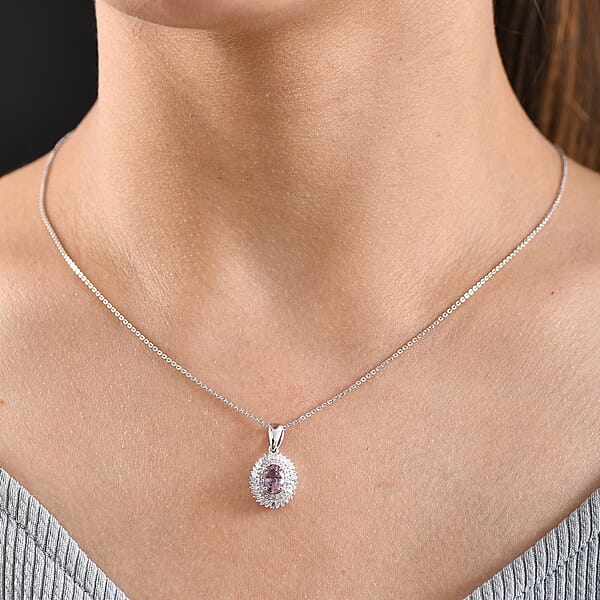 Royal Lavender Spinel And Diamond 1.15 Ctw Floral Pendant Necklace In Rhodium Over Sterling Silver 20 Inches
