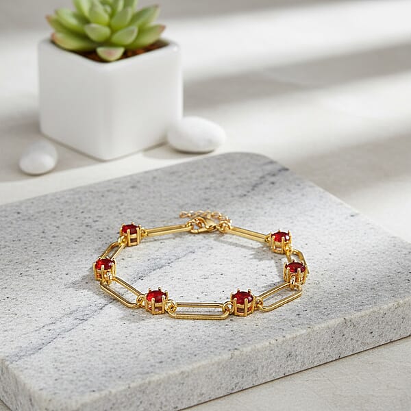 Ruby Color Austrian Crystal Paperclip Chain Bracelet In Goldtone (7.5-9.5 Inches)