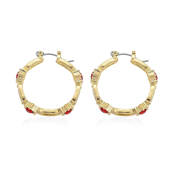 Ruby Color Austrian Crystal Paperclip Chain Hoop Earrings In Goldtone