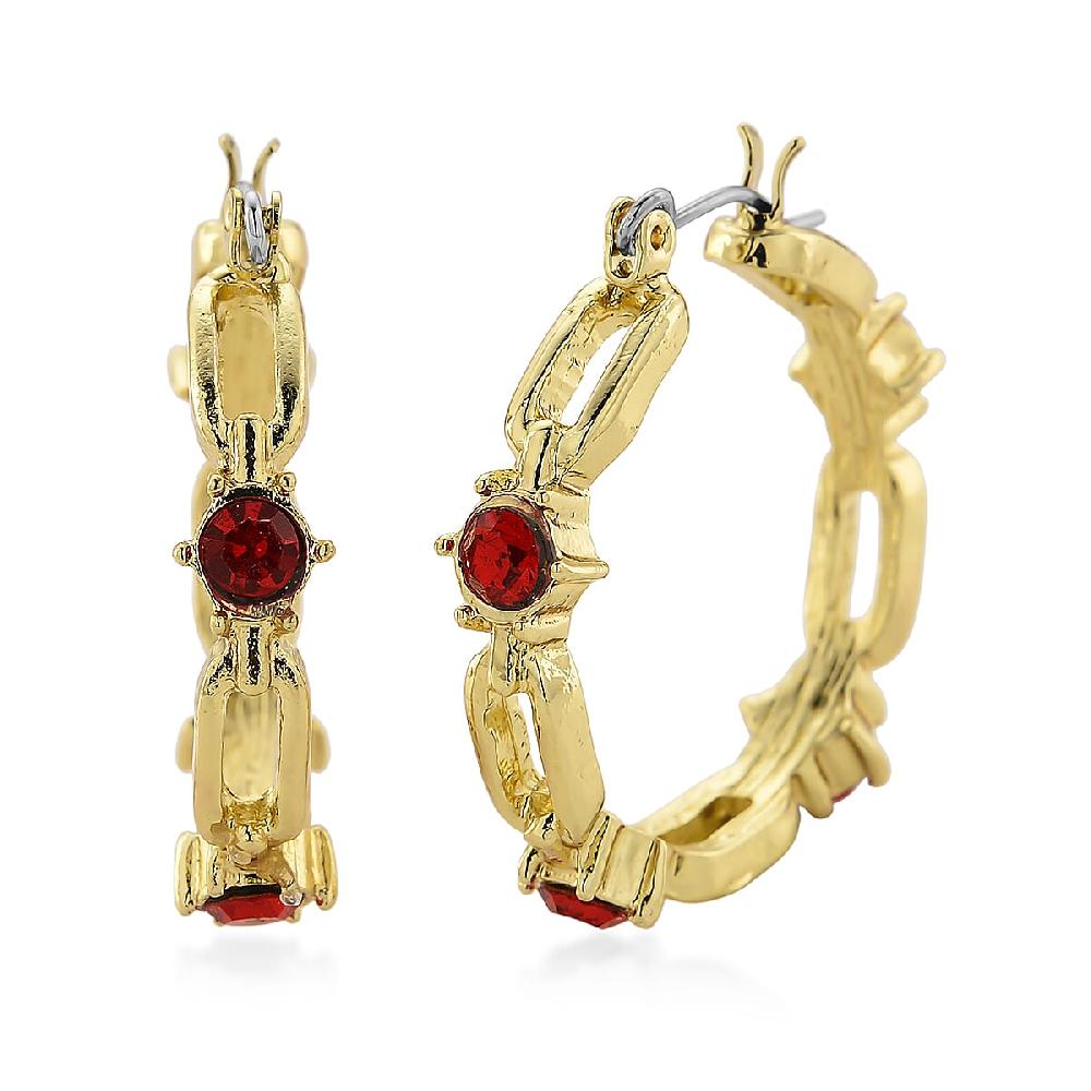 Ruby Color Austrian Crystal Paperclip Chain Hoop Earrings in Goldtone