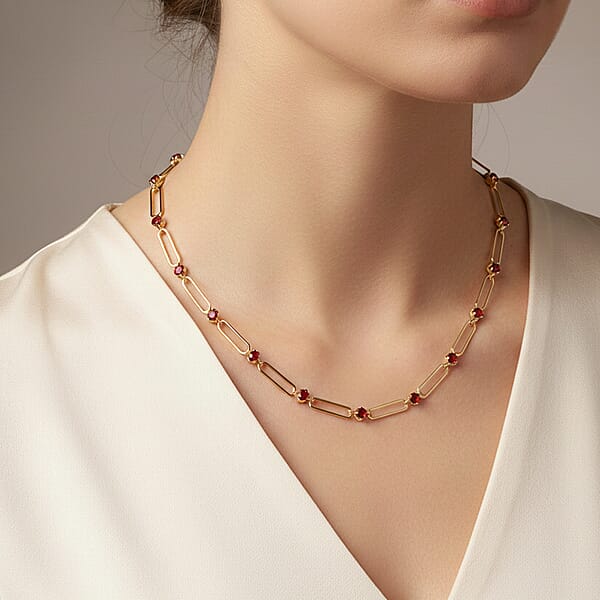 Ruby Color Austrian Crystal Paperclip Chain Necklace In Goldtone (20-22 Inches)
