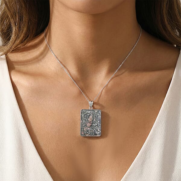 Ruby Zoisite 74.00 Ctw Rectangle Inlay Frame Pendant In Silvertone With Stainless Steel Necklace (20 Inches)