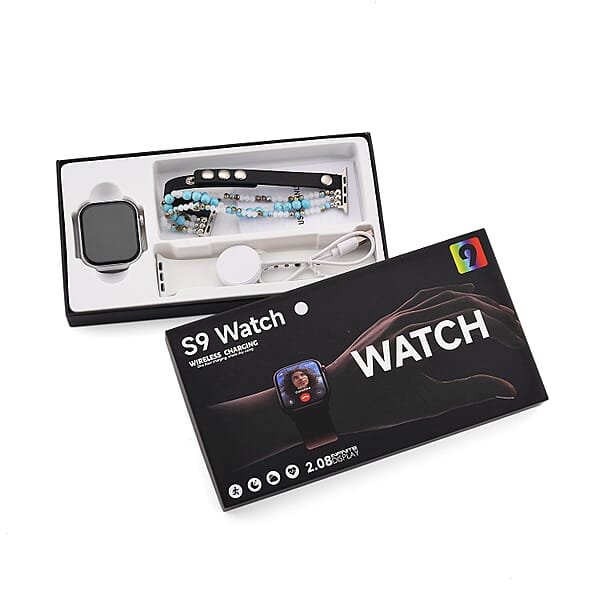S9 Multi Functional Smart Watch With White Silicone And Blue Howlite With Crystal Faux Leather Strap